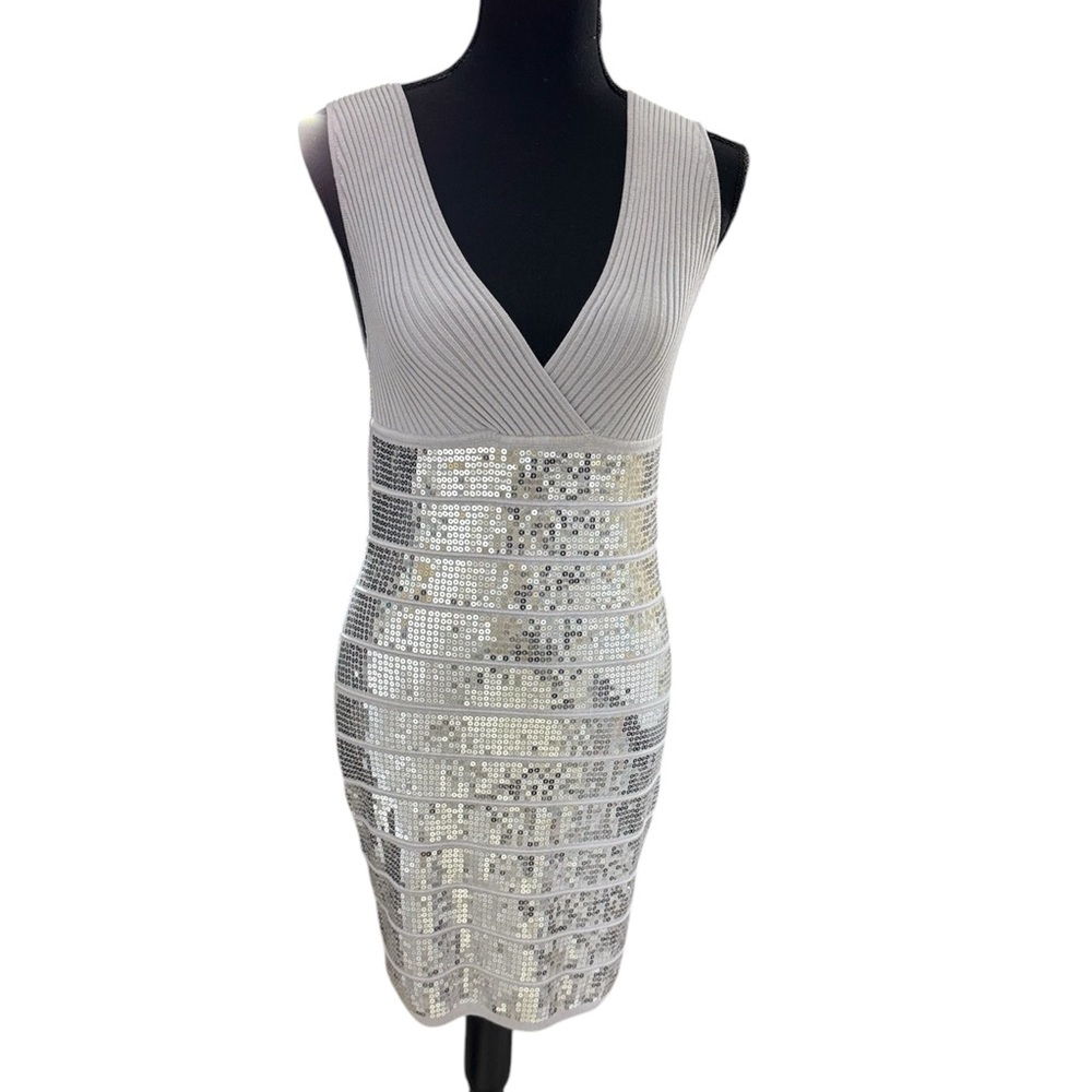 Silver sequin fitted dress with a V-neckline,